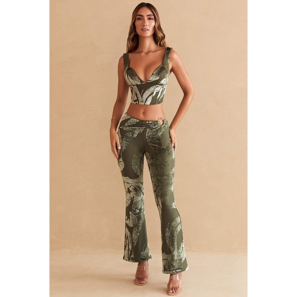 Oh Polly Devore Burnout Velvet Botanical Flare Pants Olive Green Boho Size 2